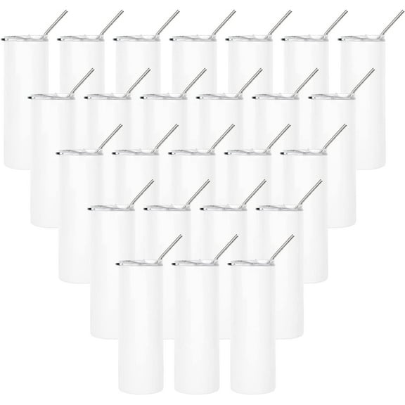 Koyal Wholesale Skinny Tumbler White Stainless Steel Tumbler with Lid and Metal Straw, Sublimation Blanks, 25-Pk