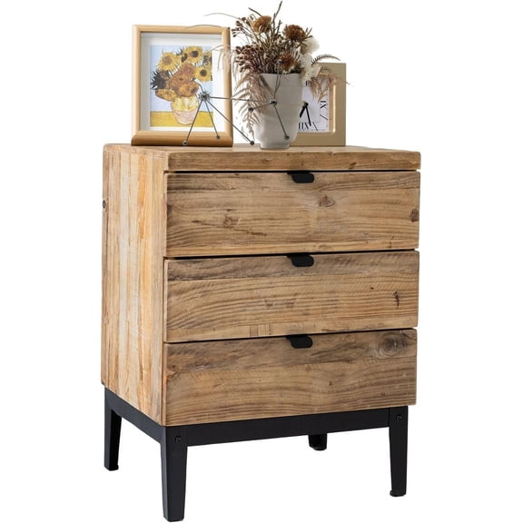 Wnutrees Farmhouse Nightstand Wood Bedside Table with 3-Drawers Bedside End Tables Storage for Living Room, Hallway, Handmade Distressed, Natural