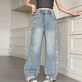 thumbnail image 2 of XIYNBAOK Girls Baggy Jeans Y2k Trendy Vintage Wide Leg Denim Pants for Kids Star Patch Elastic Waist Loose Fit Trousers Teens Streetwear, 2 of 8