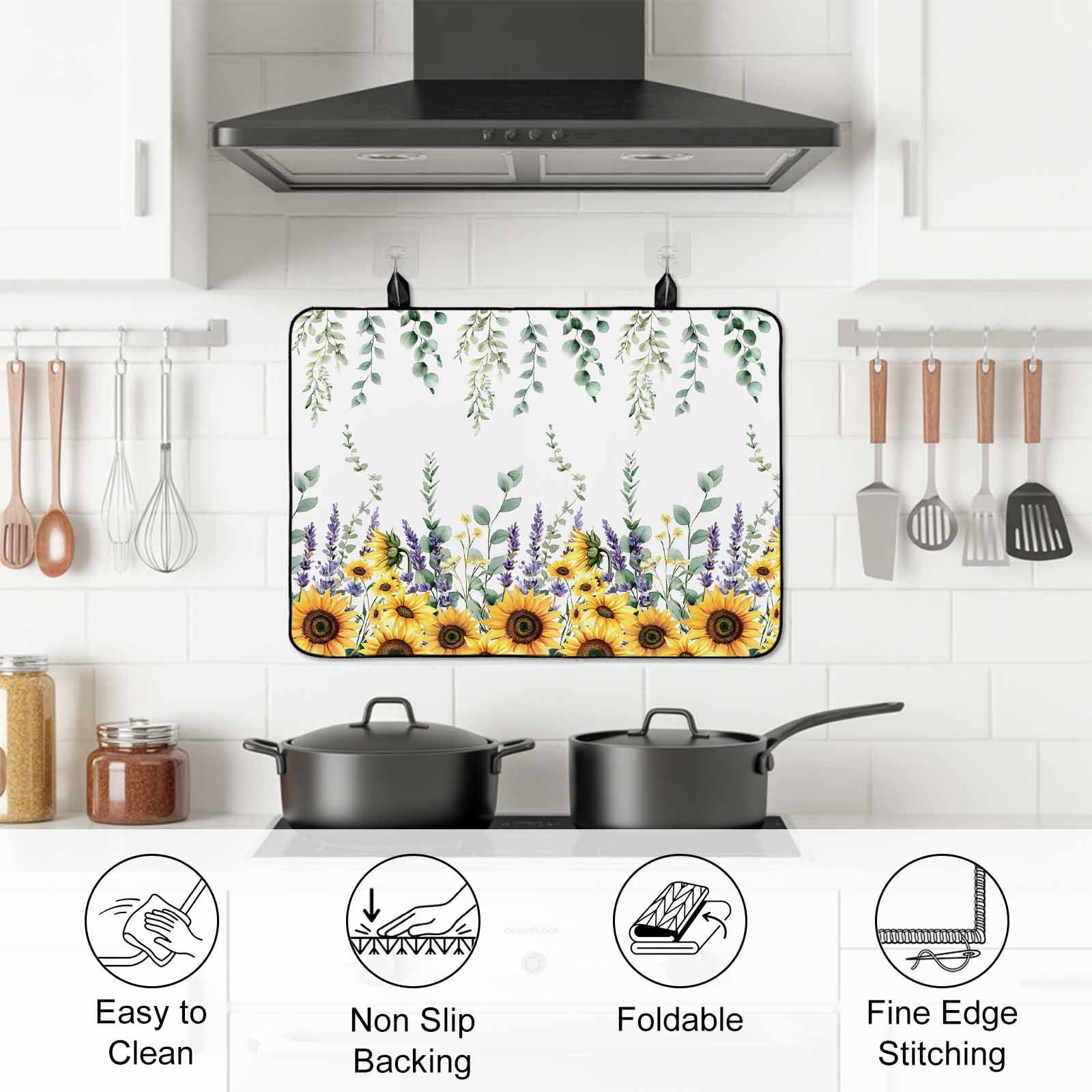 Eucalyptus Leaves Stove Top Cover for Electric Stove, Heat-proof & Non Slip Glass Top Stove Cover Protector, Yellow Sunflower Lavender Farmhouse Kitchen Flat Cooktop Rubber Mat 24x21 Inches