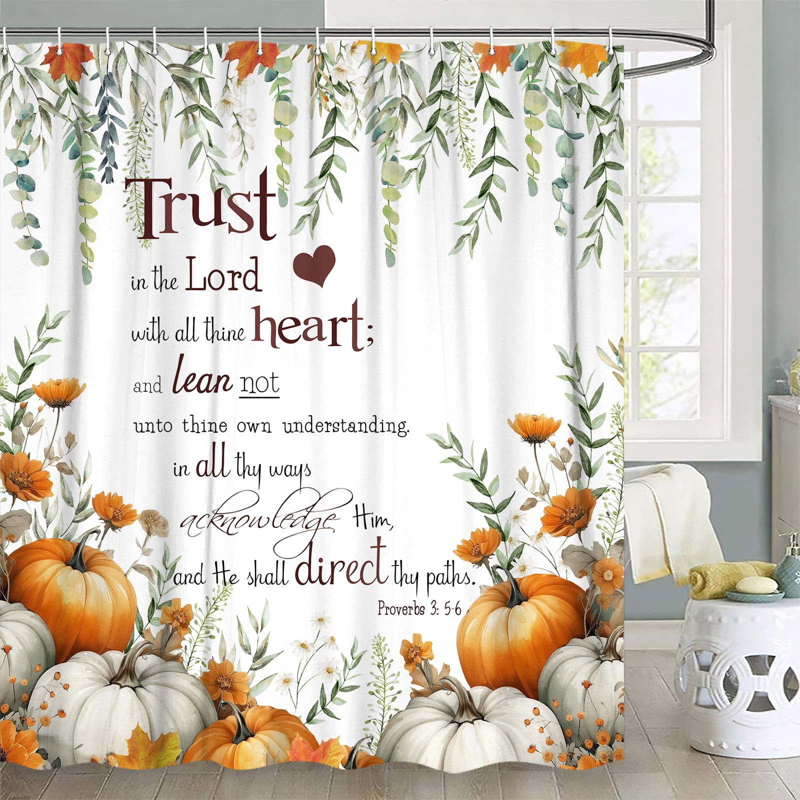Fall Shower Curtain, Autumn Pumpkins Bible Verse Inspirational Bathroom Curtain Sets,Fall Farmhouse Home Bathtub Thanksgiving Decor with 12PCS Hooks,69X70 in