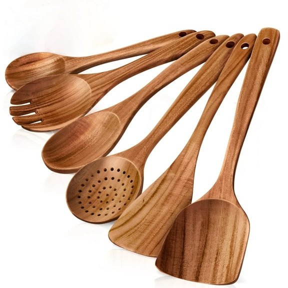 Spoons for Cooking, 6 PCS Teak Wood Cooking Utensil Set, Kitchen Utensils for Nonstick Pans & Cookware, Spoons and Spatula Set, Sturdy, Lightweight & Heat Resistant