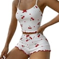 thumbnail image 2 of Naotn Women Rib Knit Pajama Sets for Women Graphic Print Cropped Camisole and Ruffle Hem Shorts Casual Satin Lounge Set, 2 of 8