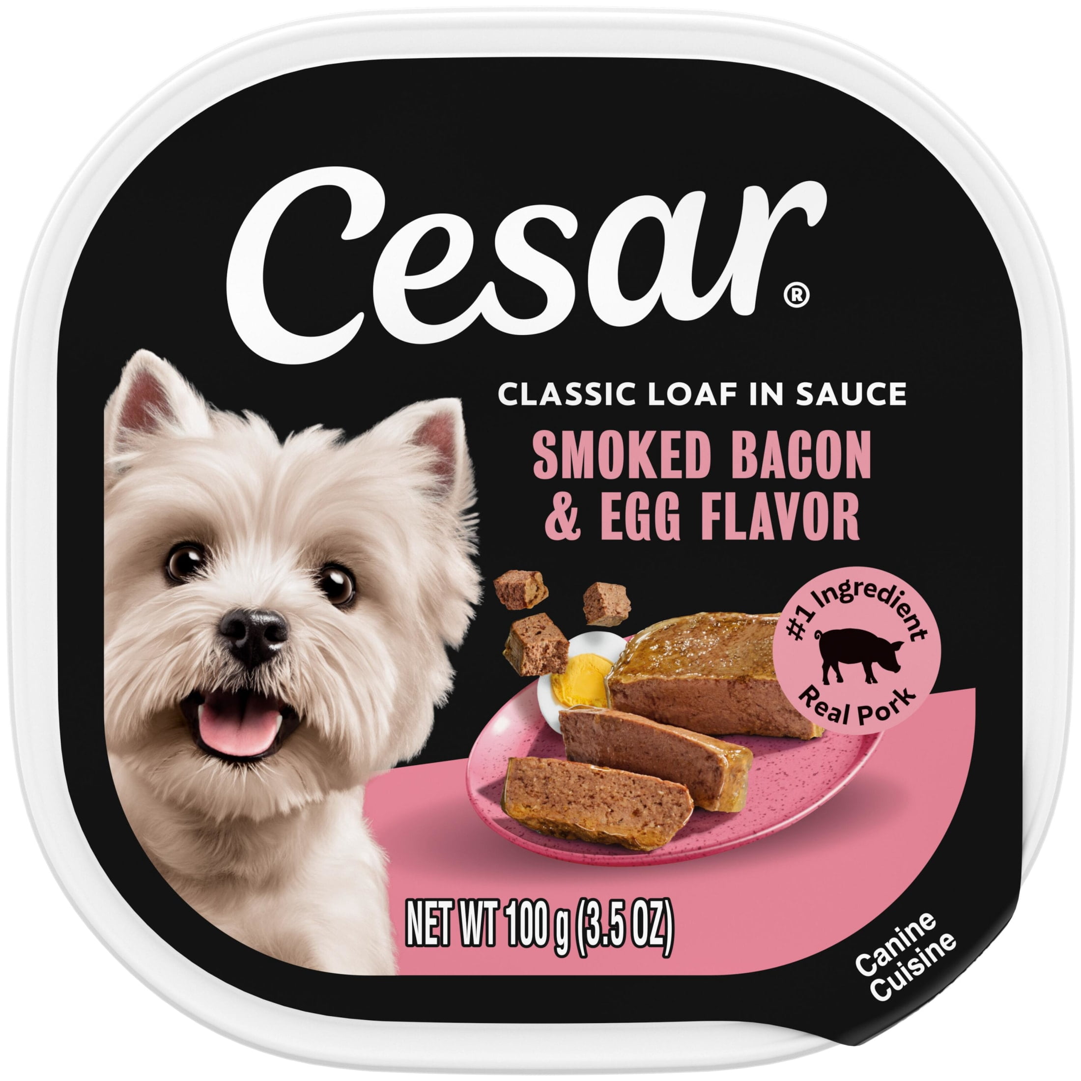 (24 pack) Cesar Classic Loaf in Sauce Wet Dog Food, Bacon & Egg Flavor, 3.5 oz. Easy Peel Trays, 24 Count