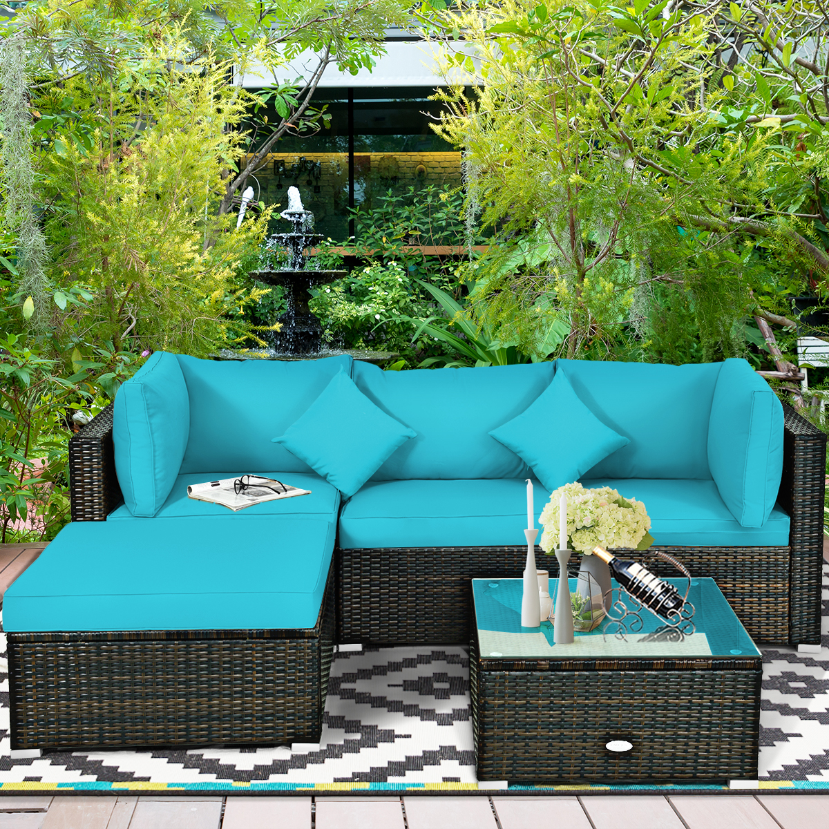 Patiojoy 8-Piece Outdoor Rattan Sectional Loveseat Couch Conversation Sofa Set with Storage Box &Coffee Table Turquoise - image 3 of 6