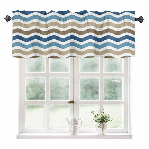 Blue Brown White Ombre Kitchen Valances for Windows 42x12 Inch Kitchen Curtains Valances Rod Pocket Modern Geometric Gradient Ocean Striped Bathroom Window Valances for Window Treatment Decor