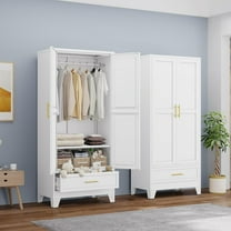 Metal Armoire Wardrobe Closet with Hanging Rod, Clothing Storage Cabinet with Adjustable Shelf and Drawer for Laundry Room, Bedroom, Home Office, Bathroom, 71" White Large Capacit
