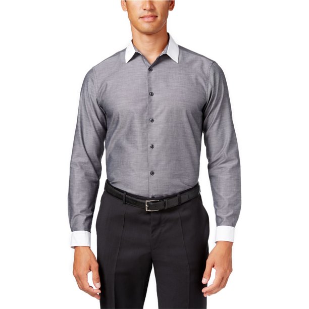 INC Camisa con botones de cambray para hombre, gris, extragrande