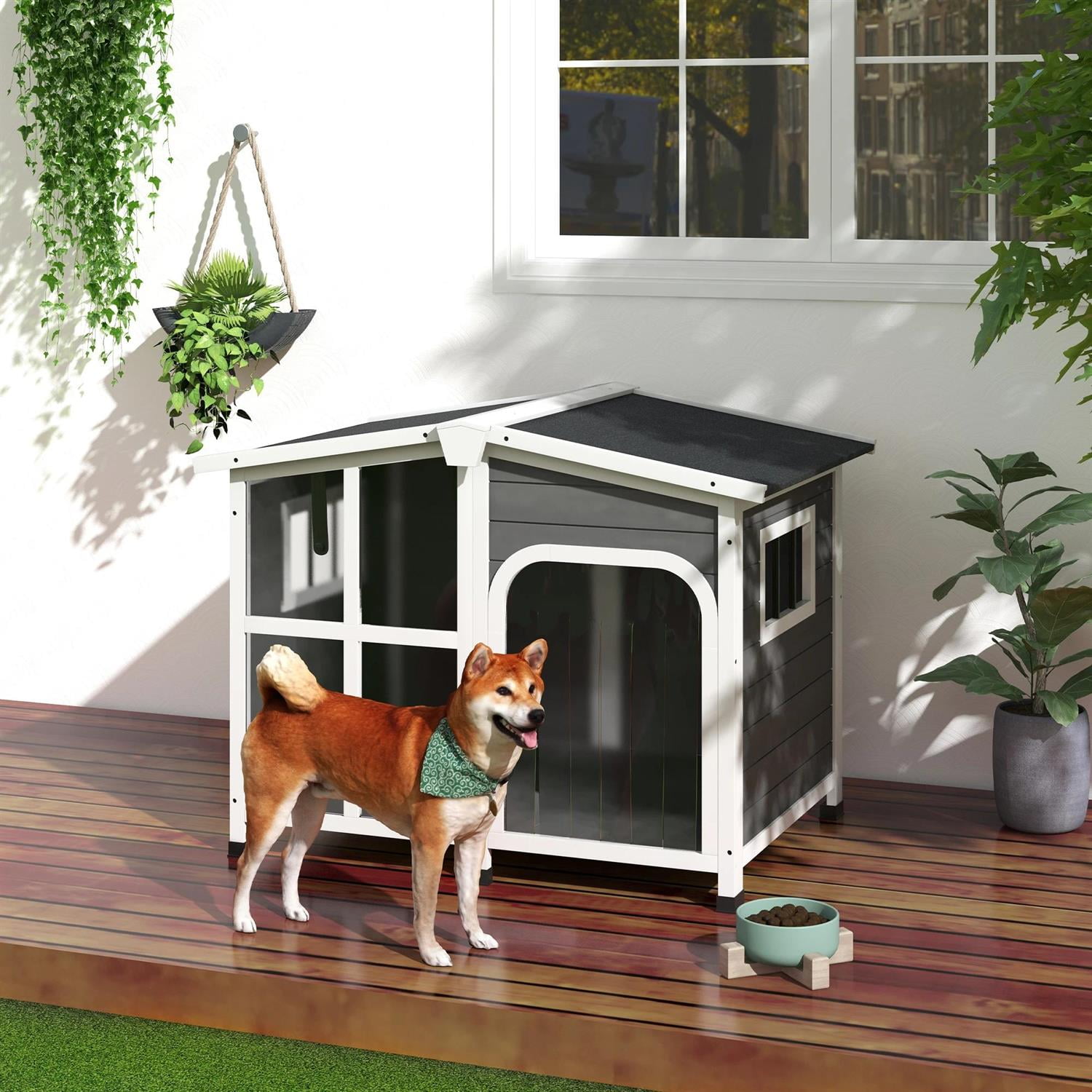 Pefilos 42" Outdoor Cabin Style Dog House with Openable Roof & Giant Window, Wooden Dog Kennel Weatherproof for Small to Large Dogs, Gray