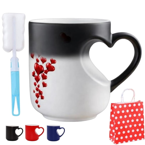 Heart-Shaped Color Changing Magic Ceramic Mug, Unique Heart Handle Coffee Cup With Red Heart Graphics, Gift for Valentine's Day, Weddings, And Anniversaries