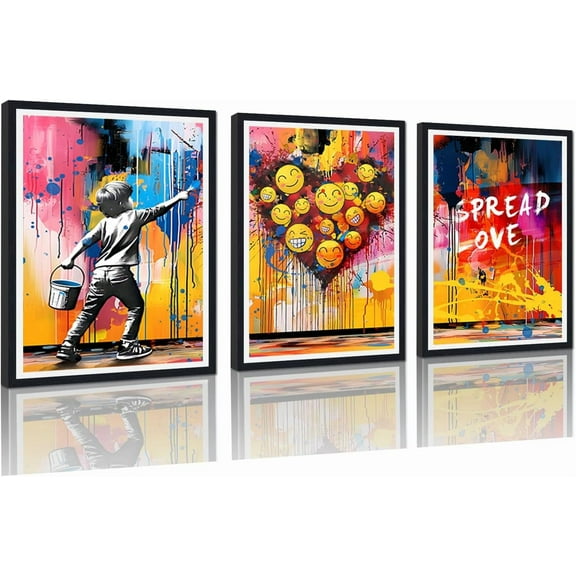 Banksy Street Framed Canvas Wall Art 3 Piece Girl with Red Heart Balloon Poster Wall Decor Grey Prints Artwork for Modern Home Living Room Bedroom Office Kitchen Ready to Hand 12x16inchx3pcs