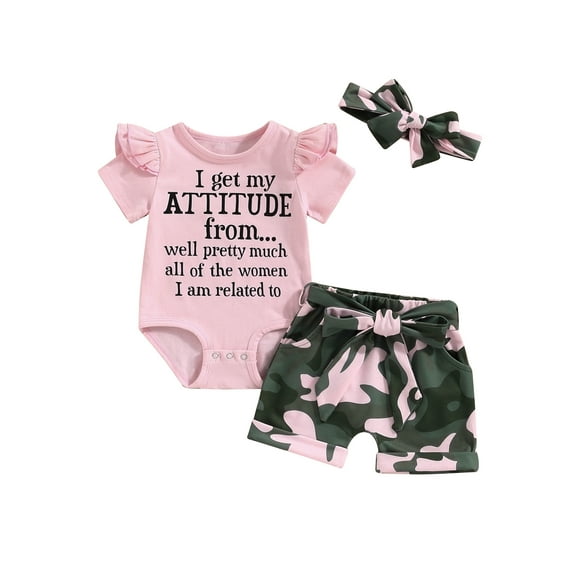 Hirigin Newborn Baby Girl Summer Funny Outfit Set 3 6 12 18 24 Months I Get My Attitude from Women Romper Camouflage Shorts Headband Set