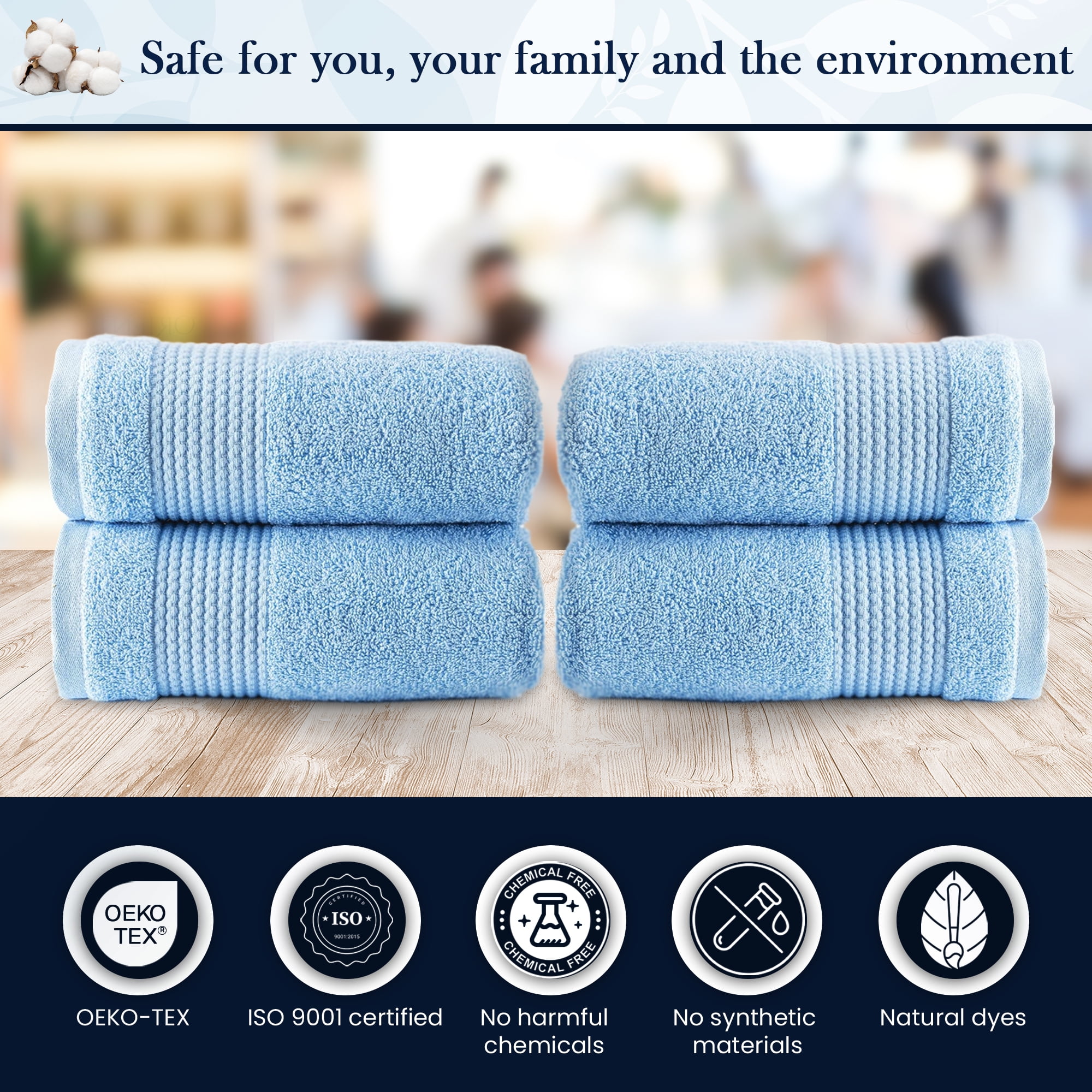 HALLEY Turkish Hand Towels Set - 4 Pack Bathroom Set, Ultra Soft, Machine Washable, Highly Absorbent, 100% Cotton - Luxury Spa Quality - Blue