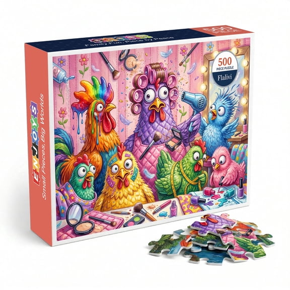 Funny Chickens Beauty Salon Jigsaw Puzzle for Adults 500 Pieces, Colorful Whimsical Cartoon Hens Illustration, Premium Thick Cardboard with Matte Finish, Perfect Gift for Animal Lovers