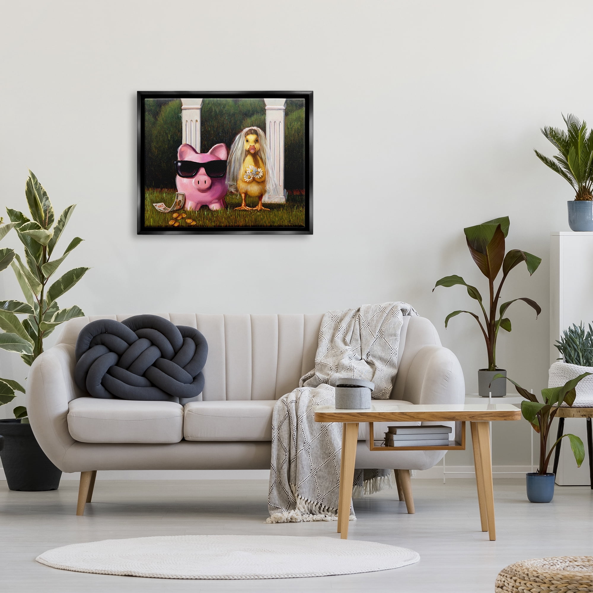 Stupell Industries Funny Pig & Duck Wedding Animals & Insects Painting Black Floater Framed Canvas Art Print Wall Art, 31 x 25