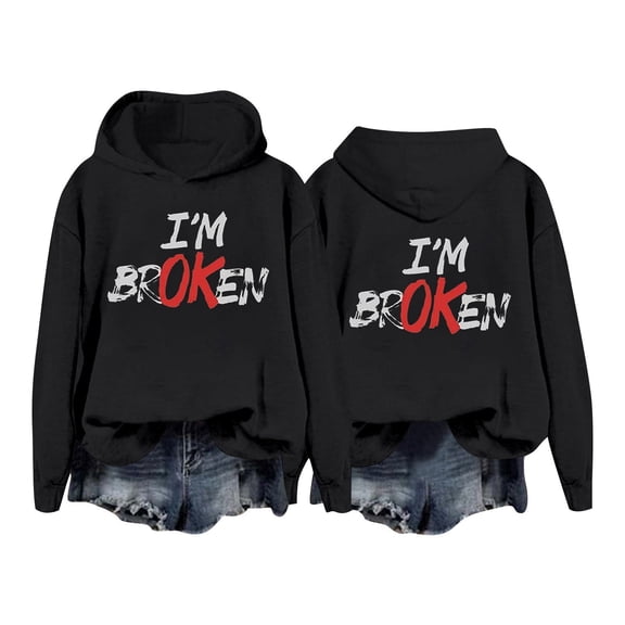 Telankuip Im Ok Broken Hoodies for Womens Fashion Letter Print Long Sleeve Hooded Sweatshirts Casual Comfortable Athletic Wear Pullover Top 2-Black XS