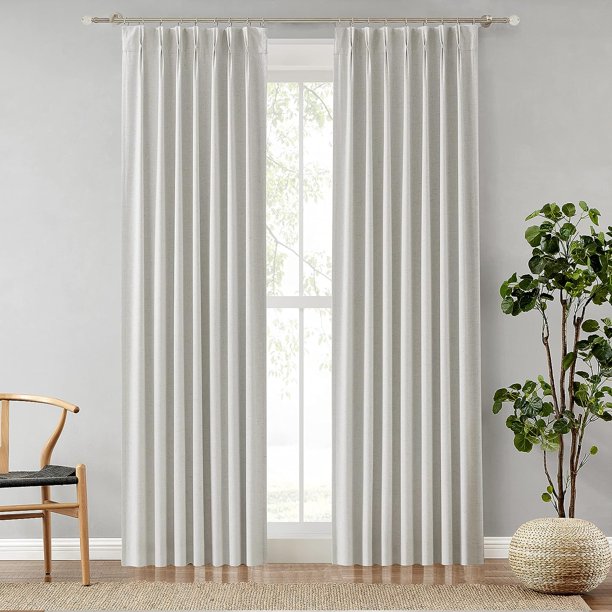 Natural Pinch Pleated Full Blackout Curtains Linen Blended Room Darkening Window Treatment Panel