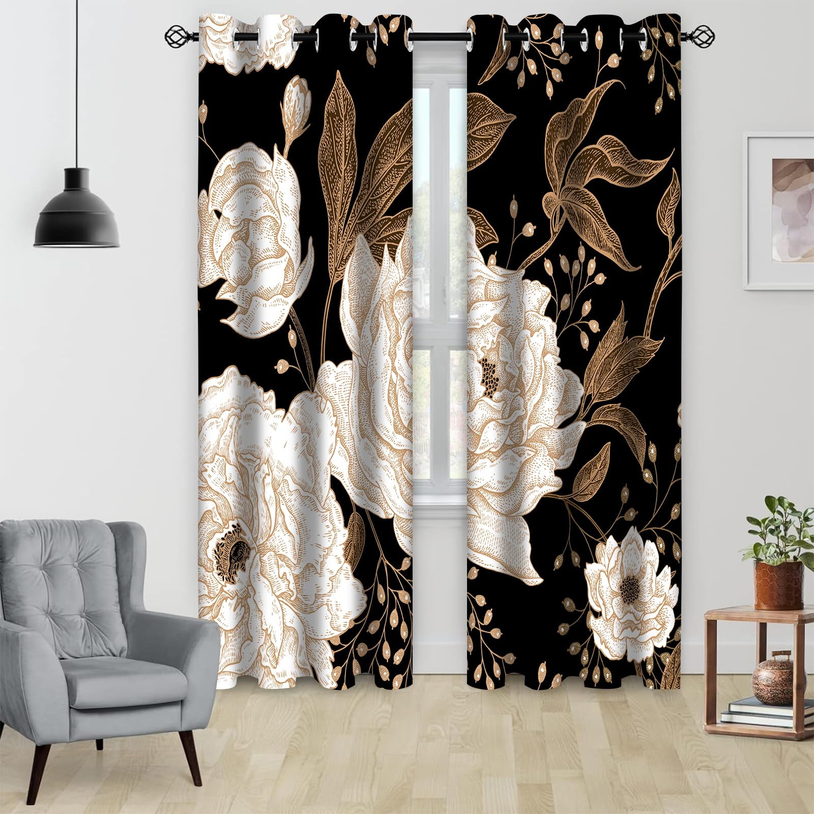 Boho Floral Blackout Curtain, Black Gold Flowers Aesthetic Art Curtains Darkening Thermal Insulated Grommet Window Drapes for Living Room Bedroom Decor 2 Panels 52x84 Inches