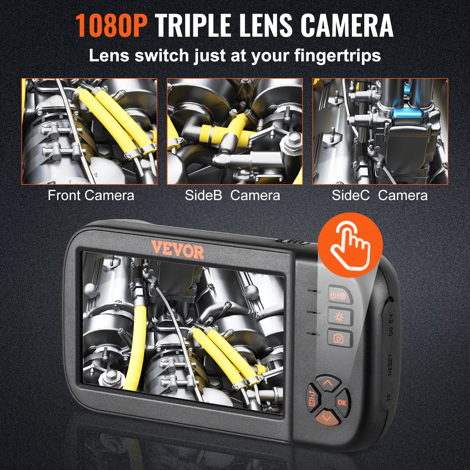 VEVOR Borescope Camera, Triple Lens Endoscope Camera with Light, 4.5" Screen 1080P Inspection Camera with 10 LED Light, IP67 Waterproof Drain Snake Camera for Auto, Plumbing (16.5FT Cable, 32GB Card)
