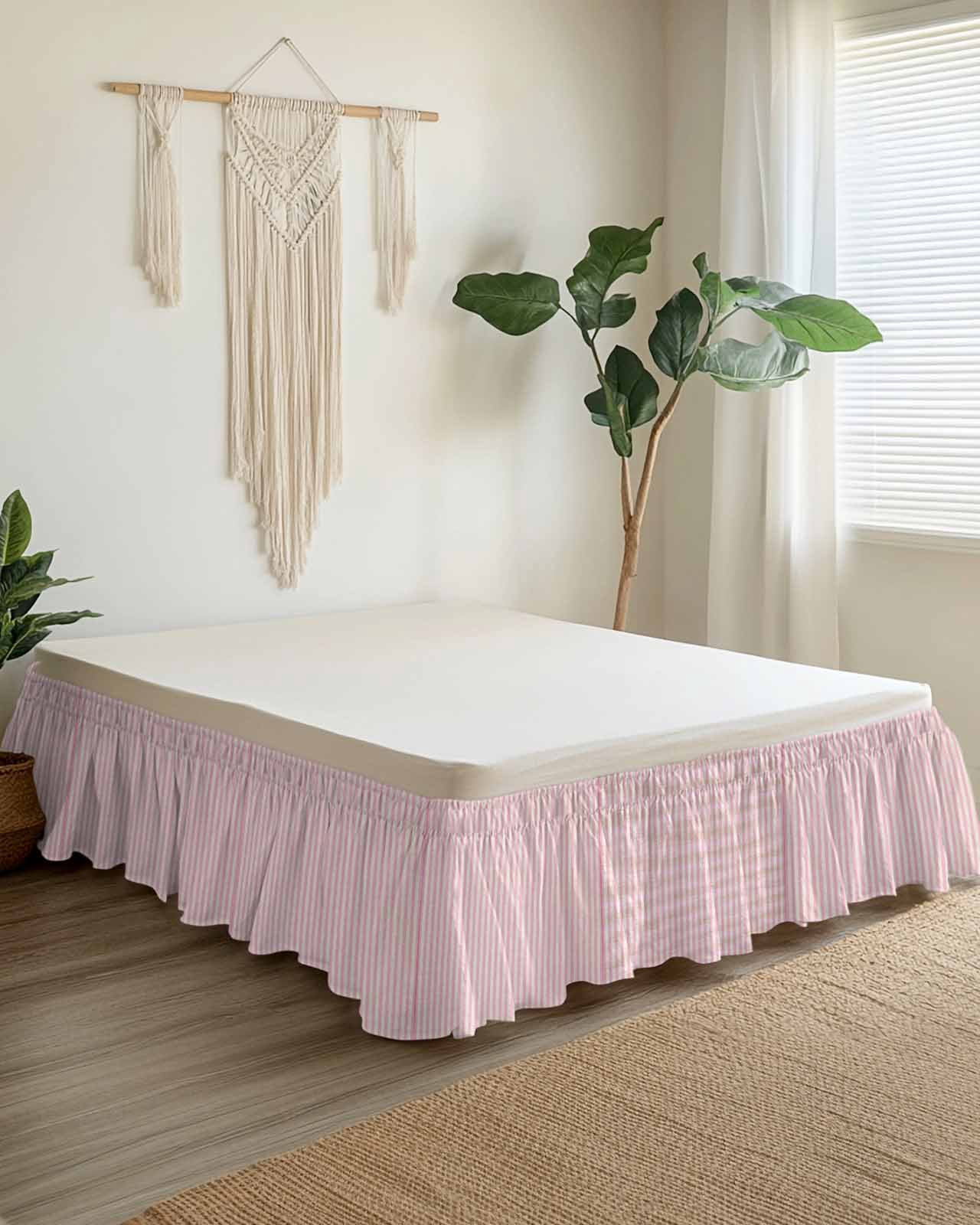 Pink Striped Wrap Around Bed Skirts for California King Bed 16" Drop,Bed Skirt with Adjustable Elastic Belt Dust Ruffle Bed Valance for Bedroom Modern Simple Farmhouse Beige Vintage Bed Frame Cover