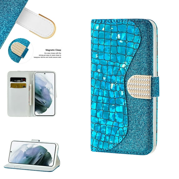 Glitter Wallet Case for Samsung Galaxy S23 Ultra, Sparkle Shining Elegant PU Leather Diamond Magnetic Clasp Flip Folio Cover with Card Slots Holder Kickstand Soft Silicone Shockproof Case,Blue