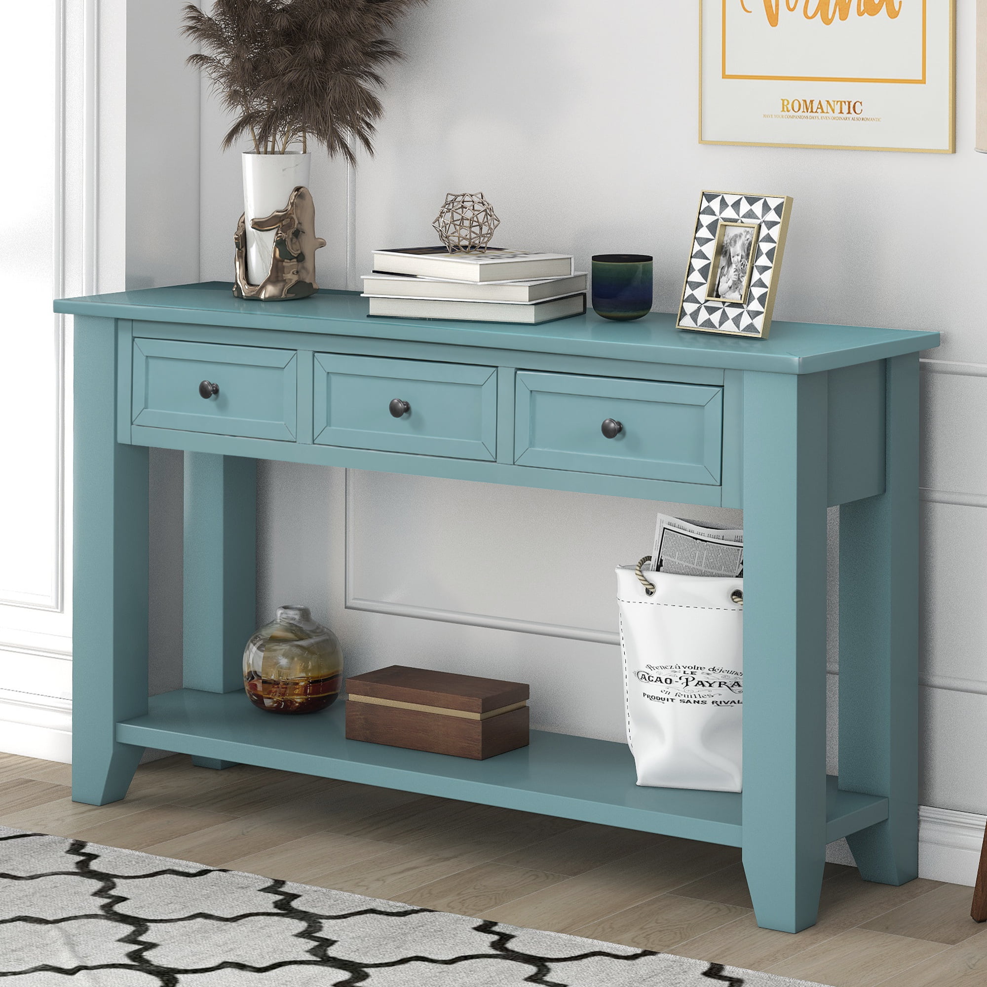 NEW Teal Blue Console End Table Night Stand Wood Drawers Hallway Accent Storage 
