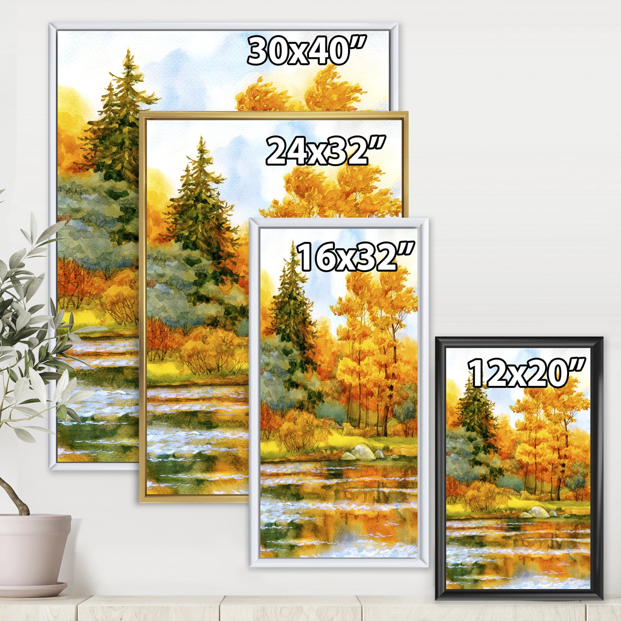 Autumn Forest By The Lake Side II 30 in x 40 in Framed Painting Canvas Art Print, by Designart