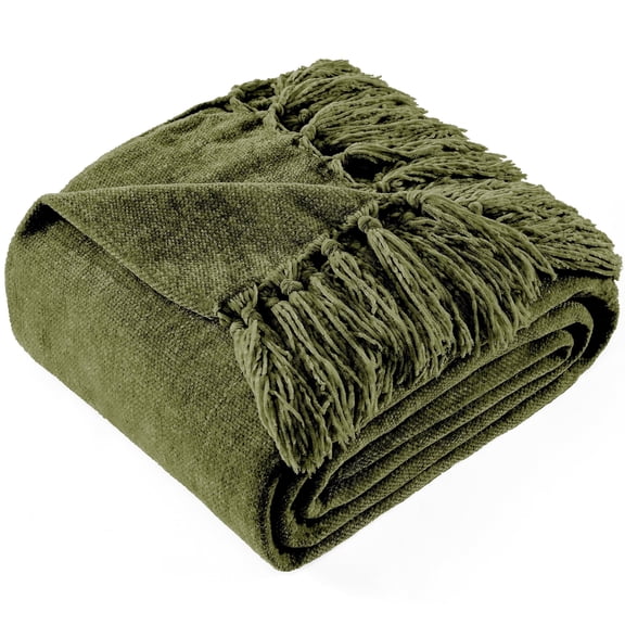LONG CREATE Chenille Throw Blanket with Fringe Tassel for Couch Sofa Chair Bed, Olive Green 50" X 60"
