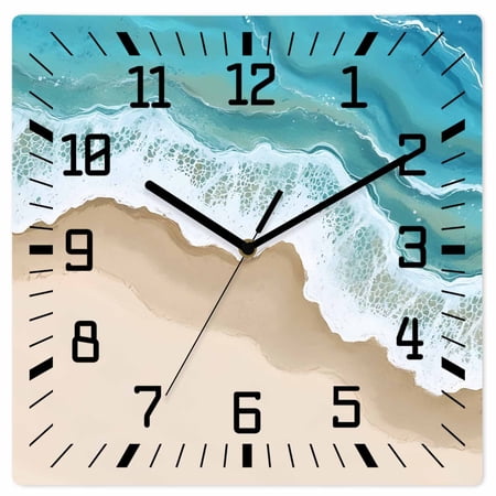Turquoise Ocean Wooden Wall Clock Silent Non Ticking Gradient Brown Shore Sandy Beach Abstract Square Wall Clocks Battery Operated Decor Clock for Home Office Living Room Kitchen 10 Inch