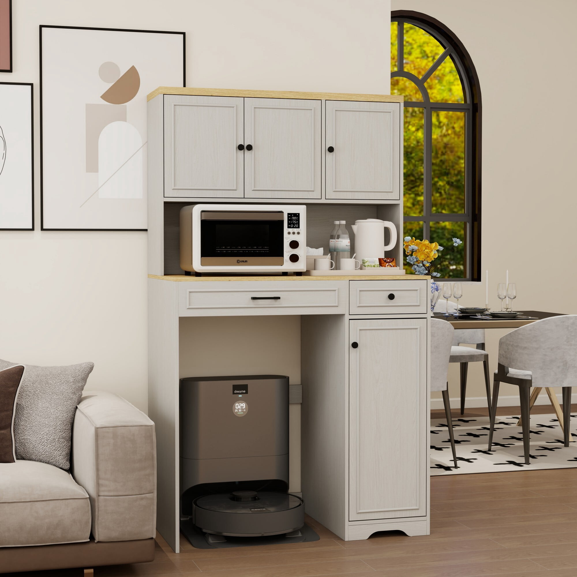 AENKYO Over-Washer Cabinet with Laundry Basket and Adjustable Shelves, Organizer for Compact Washer/Dryer, Antique White