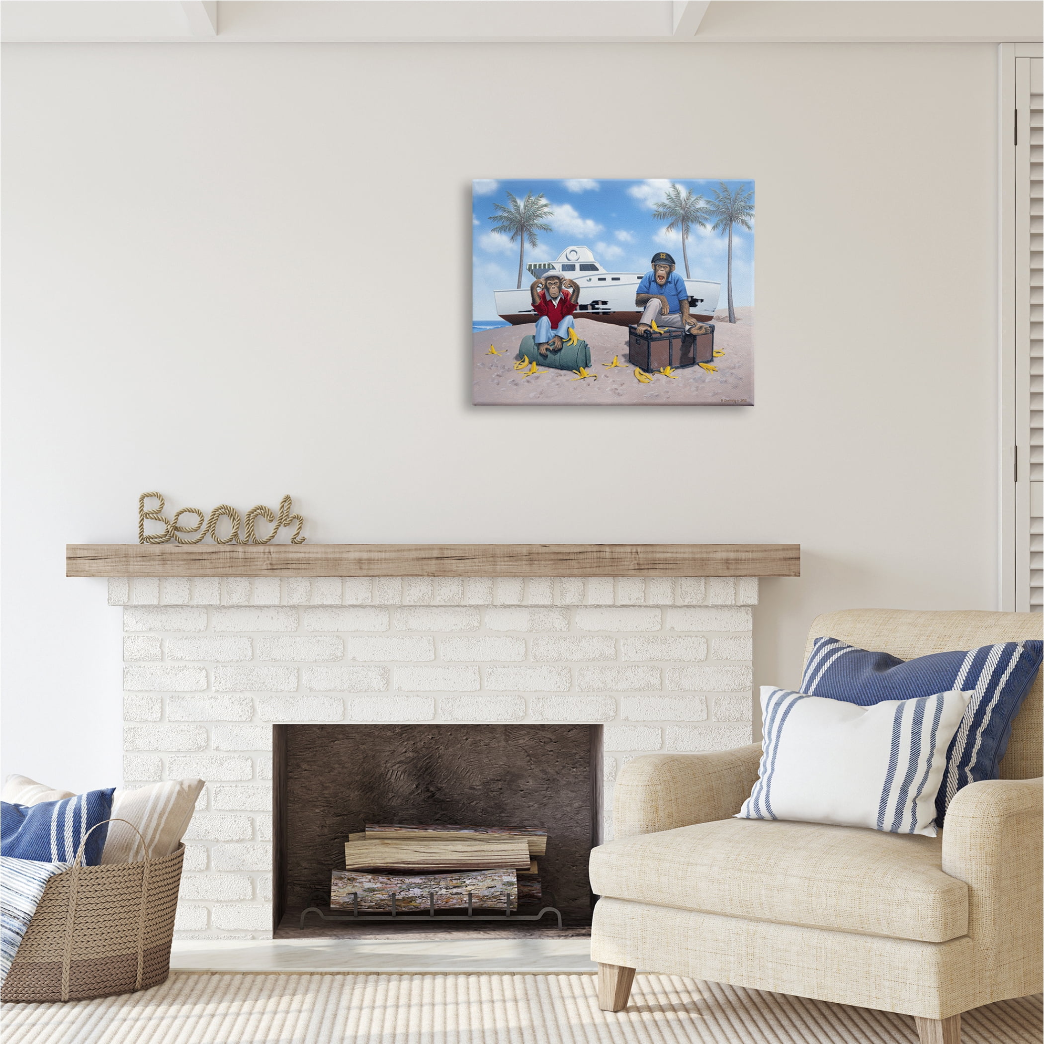 Stupell Industries Chimps & Yacht on Beach Animals & Insects Painting Gallery Wrapped Canvas Print Wall Art, 30 x 24