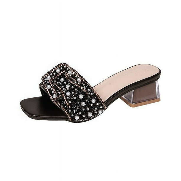 Zapatillas de mujer de gran tamaño, ropa de calle, estilo veraniego, tacón grueso de perla, estilo de tacón alto de una sola pierna, sandalias con lazo y diamantes de imitación