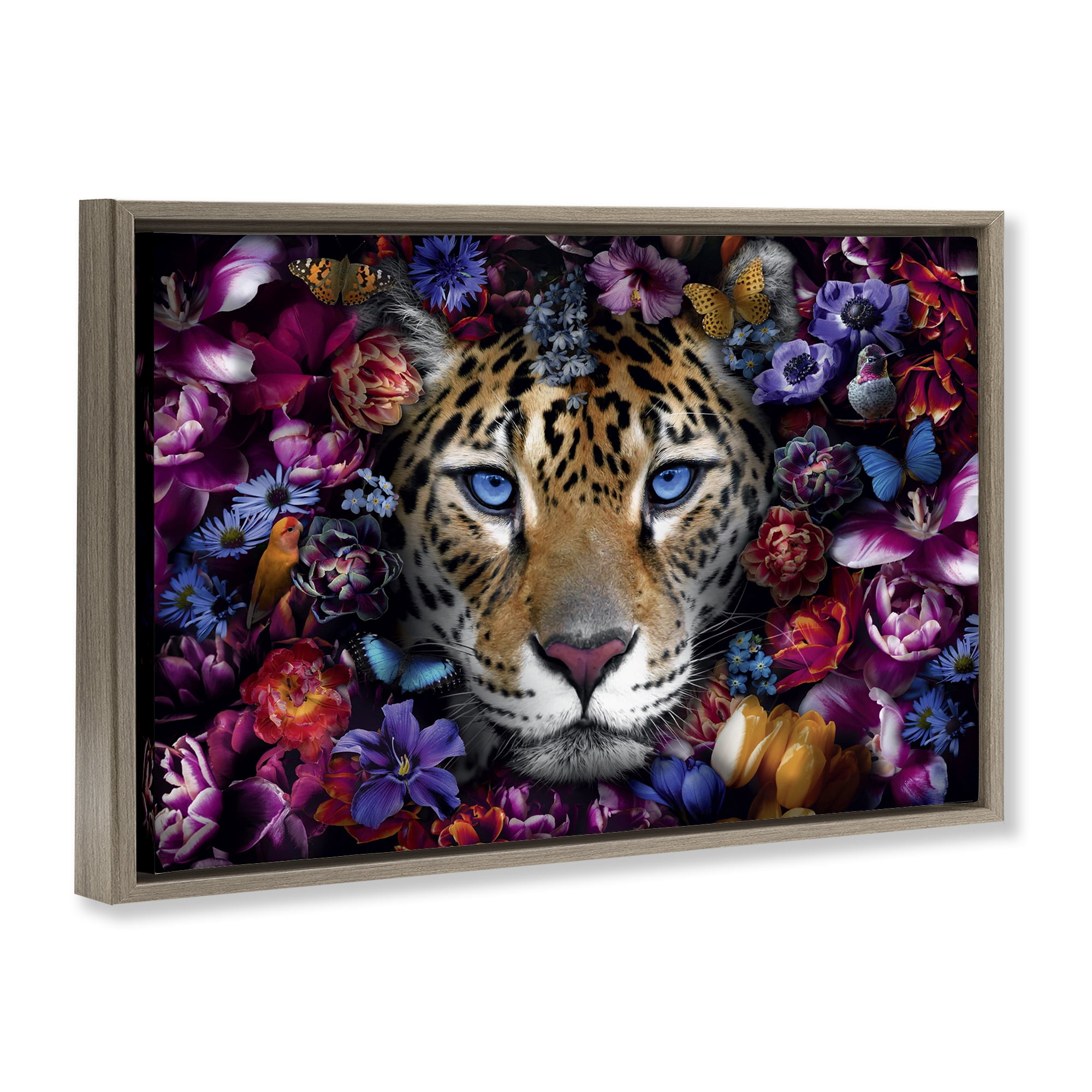 Stupell Industries Piercing Leopard Gaze Plants & Flowers Painting Brown Floater Framed Canvas Art Print Wall Art, 25 x 17