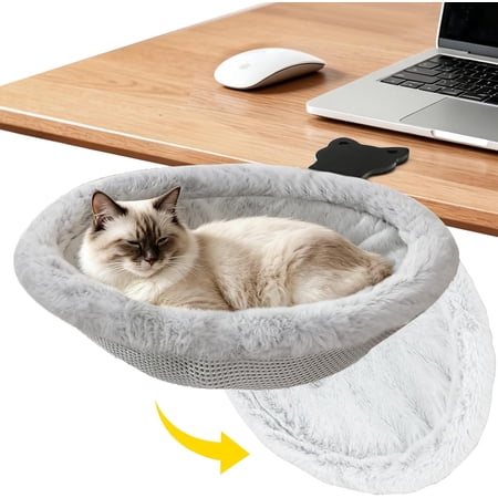 VavoPaw Cat Desk Bed, No-Drill Sturdy Metal Cat Perch, One-Click Foldable Clip-On Kitten Hammock with Reversible Double-Sided Mat, Supports 40 lbs, Space-Saving Cats Furniture for Office Home, Gray