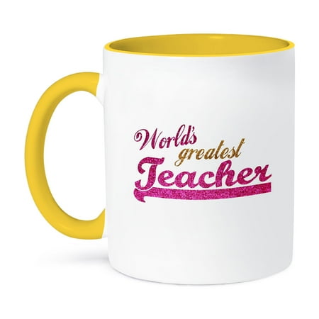 3dRose, Worlds Greatest Teacher - hot pink and gold text for females - School Teacher appreciation gifts, 11oz Two-Tone Yellow Mug