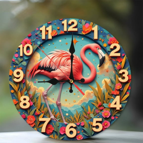 Flamingo Wall Clock 10-Inch Silent Wooden Wall Clock, Battery Operated (AA Batteries Not Included), Artistic Home Decor