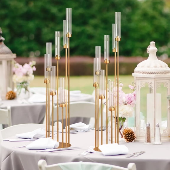 2Pcs Floor Candle Holders for Wedding,Metal 7 Arms Candelabra for Table Centerpiece Gold Candle Sticks Holder Decor with Clear Acrylic Shade for Easter Day Party, Banquet, Birthday (48inch)