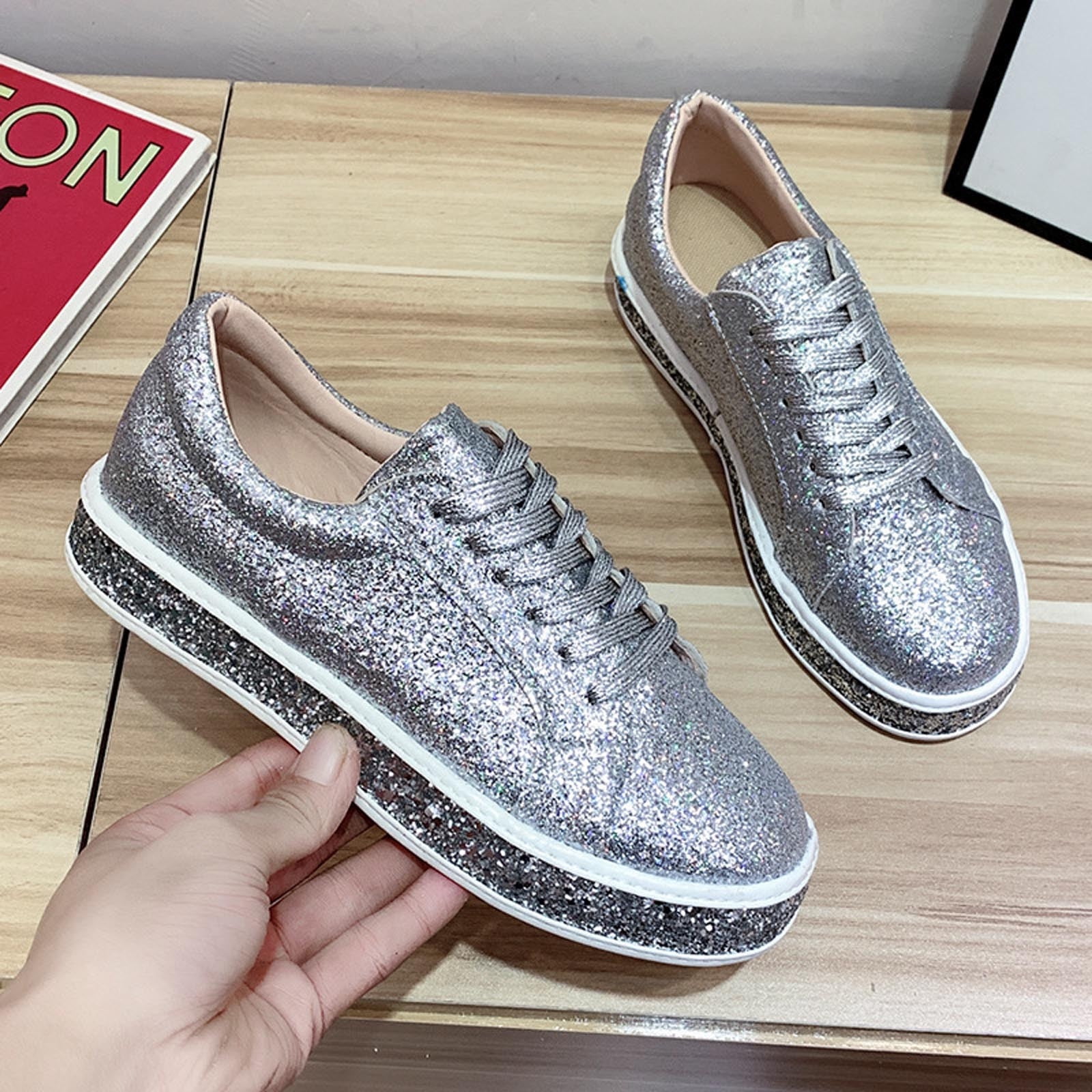 Women's Glitter Tennis Sneakers Neon Dressy Sparkly Sneakers Rhinestone Bling Wedding Bridal Shoes Shiny Sequin Shoes Silver 8.5(41)