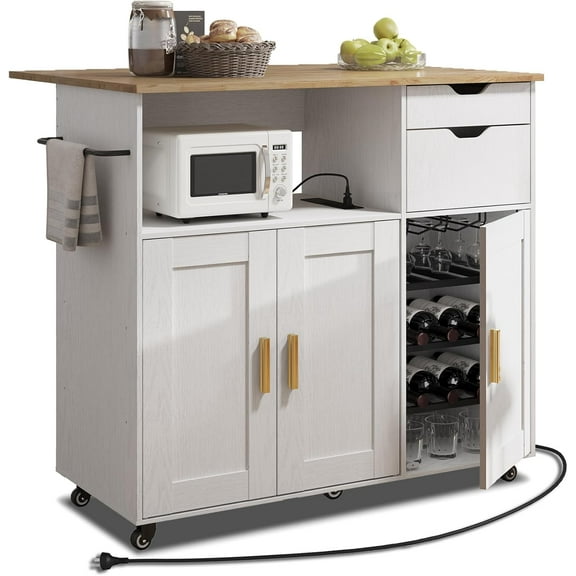 ASTRONAPE Rolling Mobile Kitchen Island Cart Bar with Desktop Drop Leaf Countertop, Island Table Storage Cart with 5 Wheels, Rolling Kitchen Cabinet with Power Socket and Towel Rack (Ver 2.)