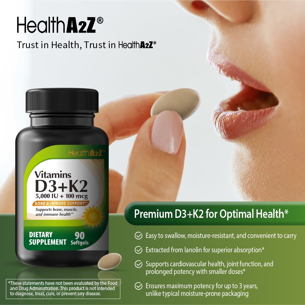 (2 pack) HealthA2Z Vitamin D3 + K2 | 5000 IU + 100 mcg | 90 Easy-to-Swallow Softgels | Clean Label, No Dyes | Bone, Muscle & Immune Support
