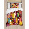 thumbnail image 3 of Birthday Duvet Cover Set King Size, Colorful Fun Graphic Lettering with Stars Dots Daisies on a Blurred Background, Decorative 3 Piece Bedding Set with 2 Pillow Shams, Multicolor, by Ambesonne, 3 of 3