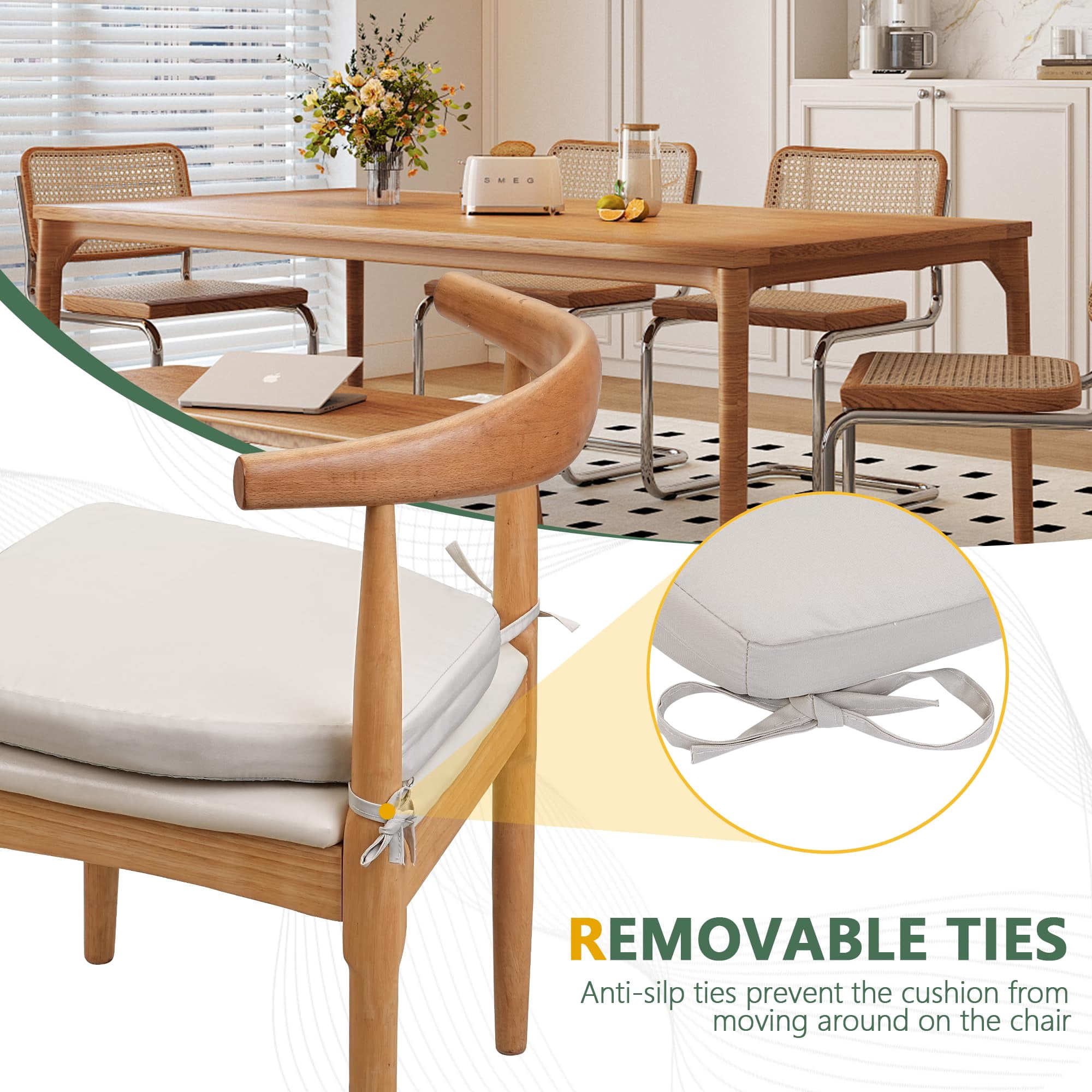 Chair Cushions for Dining Chairs Set of 2, D-Shaped 17" x 16" Memory Foam Seat Cushions, 2" Thick Olefin Kitchen Chair Pads with Ties & Non-Slip Backing, Beige