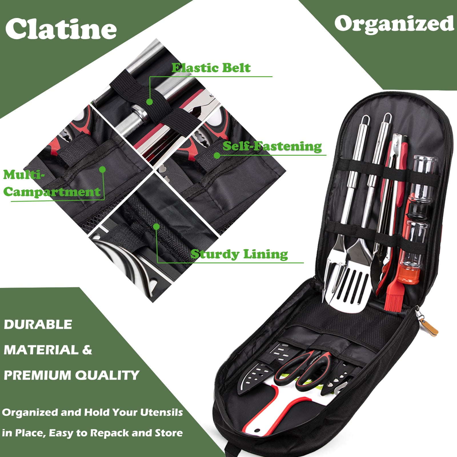 Camp Utensil Set Kitchen Cooking BBQ Grill Tool Kit with Organizer Bag, Clatine 12-Piece Travel Kitchen Grill Accessories Portable Compact Gear Cookware Kit for Camping RV Sailboat Backyard BBQ