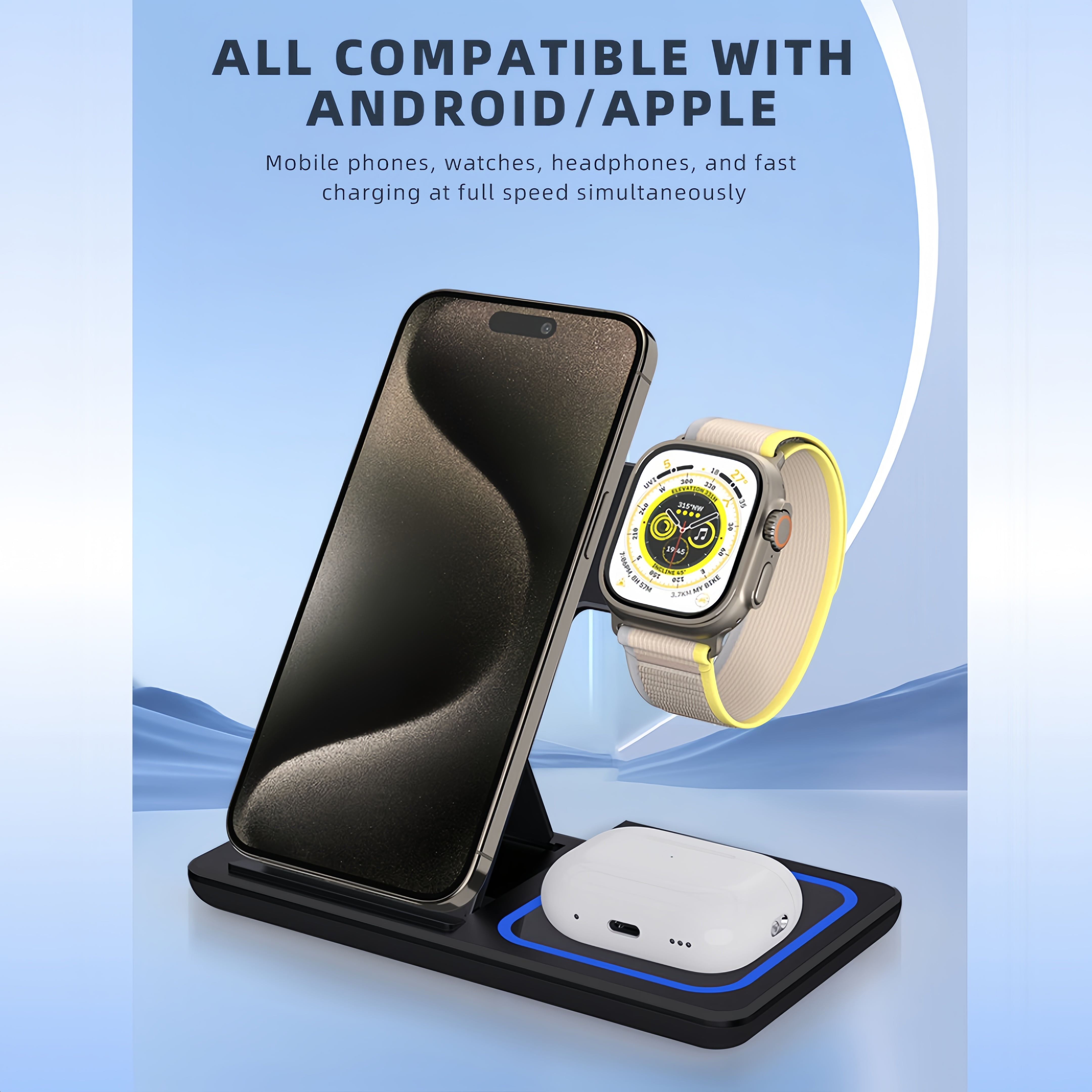 3-in-1 Wireless Charger: Fast Charge for iPhone/Apple Watch/AirPods – Foldable,Black