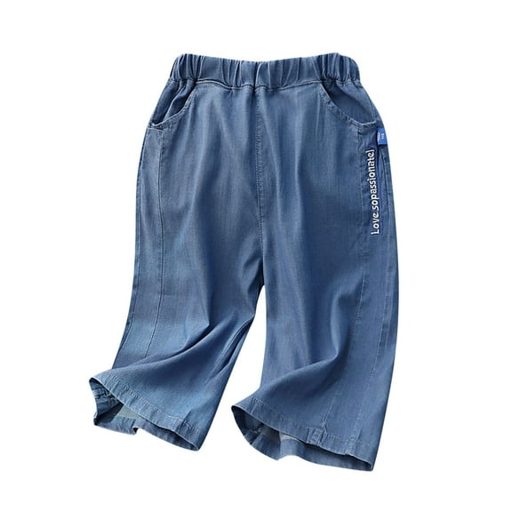 AUNVITO Kids Capri Jeans Casual Elastic Waist Lightweight Denim Pants with Pocket Comfort Fit