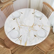 Gold and White Marble Tablecloth with Elastic Edge, Round Table Cloth Washable Reusable Table Cover for Kitchen Dining Party Picnic, Small (Suitable for 40-44 in)