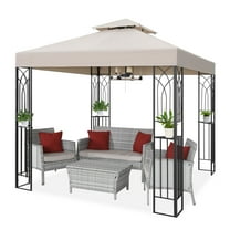 COOS BAY 8x8 Outdoor Patio Gazebo with Corner Shelves, Two-Tier Soft Top Canopy for Backyard, Lawn, Deck and Garden, Beige