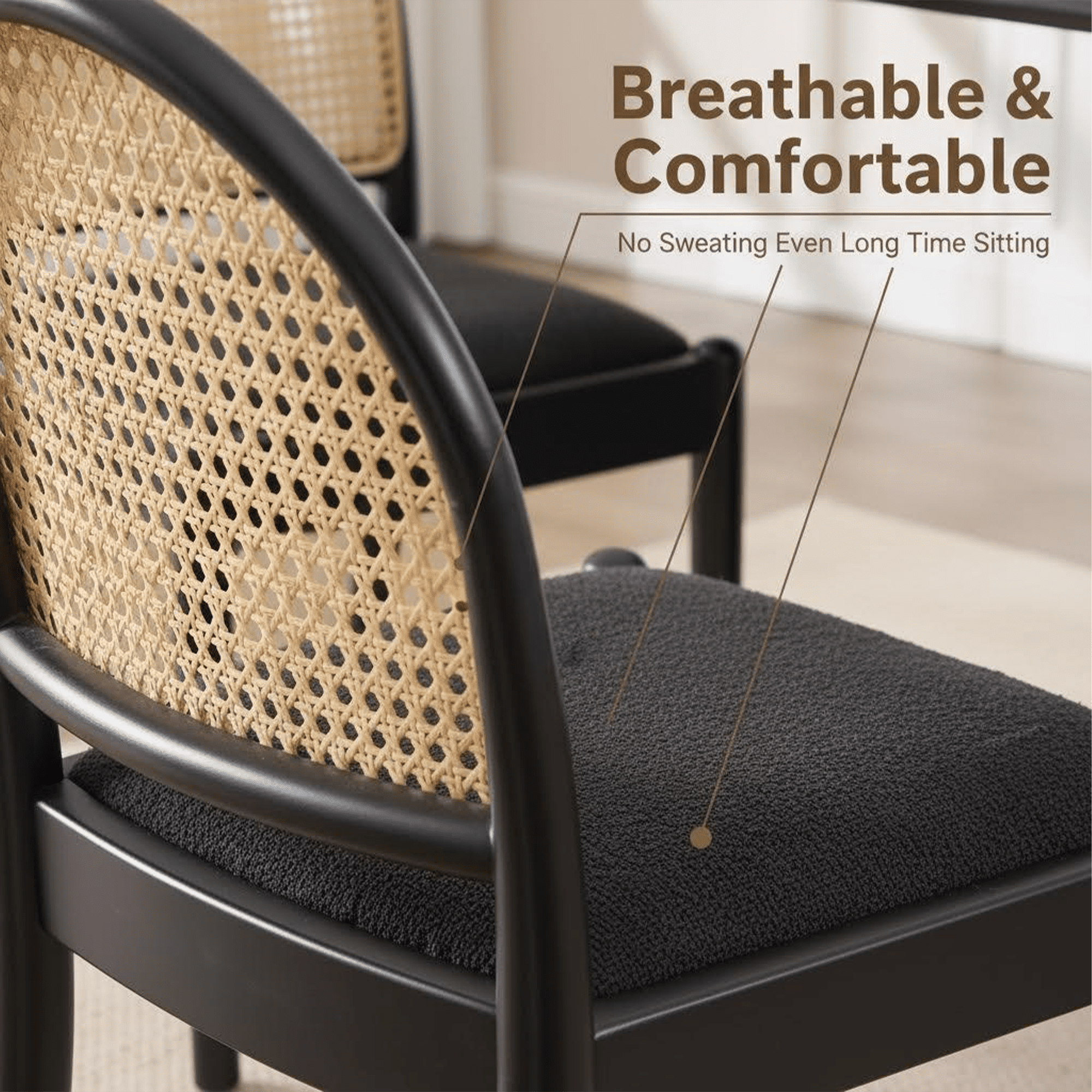Leumius Rattan Dining Chairs Set of 2, Upholstered Linen Dining Room Chairs with Backrests, Modern Kitchen Chairs with Wood Legs for Dining Room, Black