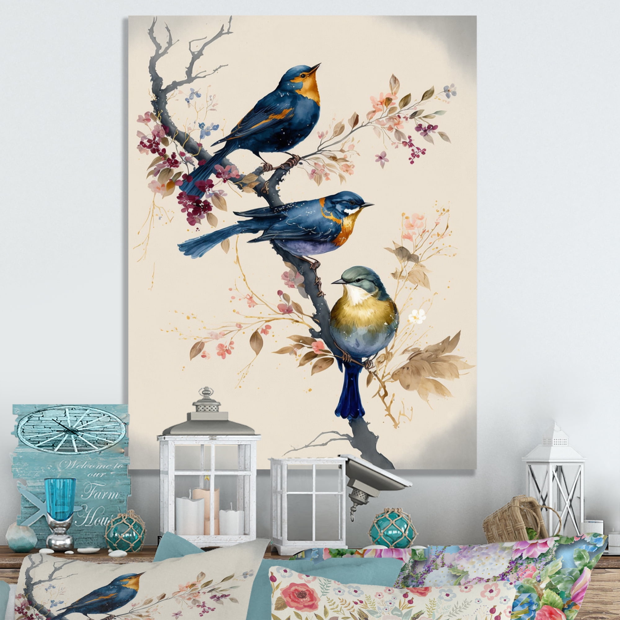 Designart Multicolor Birds On Plum Blossoms Tree XV Canvas Wall Art