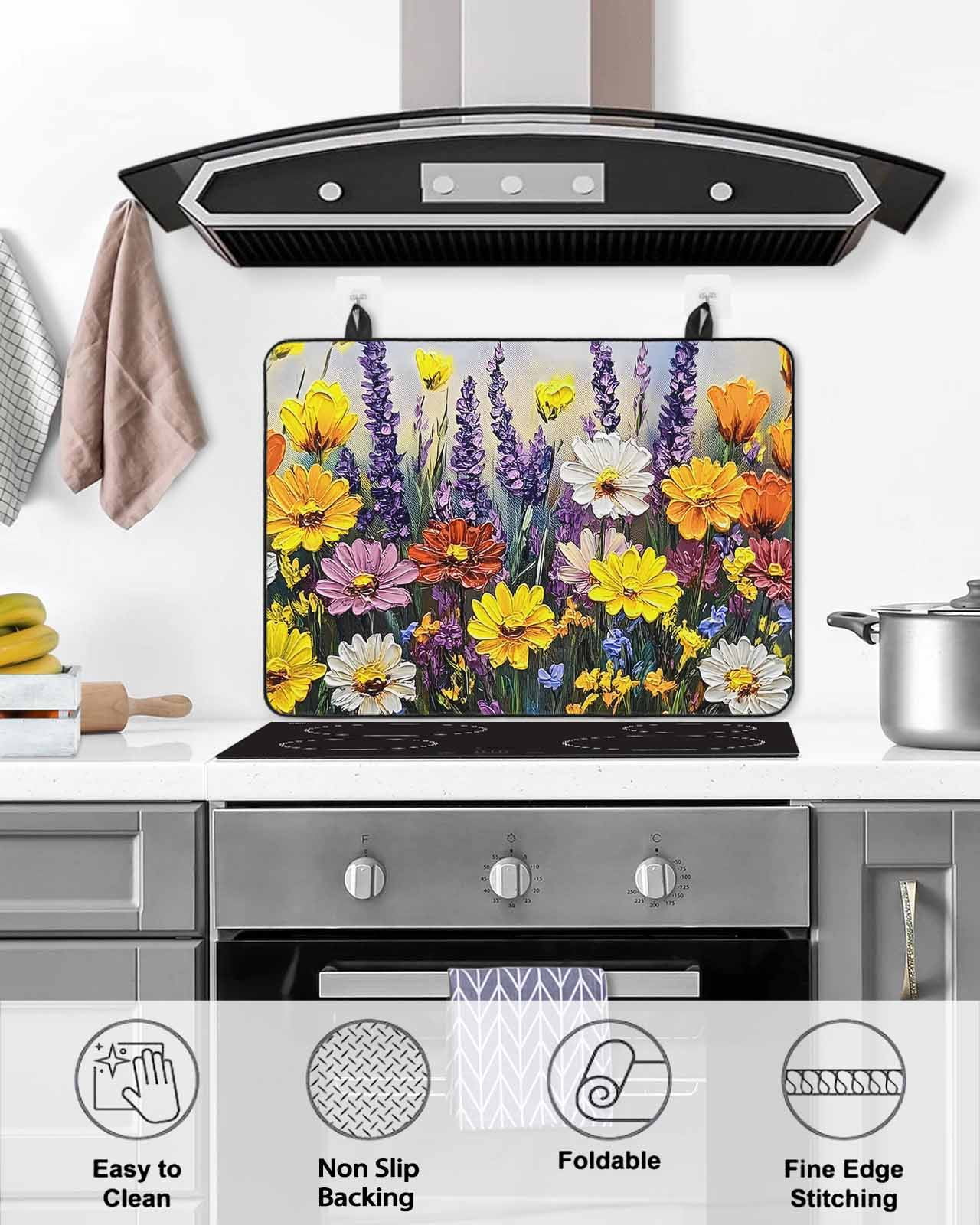 nqOlkjepod Large Induction Cooktop Protector Mat 24"x21", Wildflowers Botanical Stove Top Covers for Electric Stove, Oil Painting Pastoral Flowers Stove Burner Cover Mats, Glass Top Stove Cover